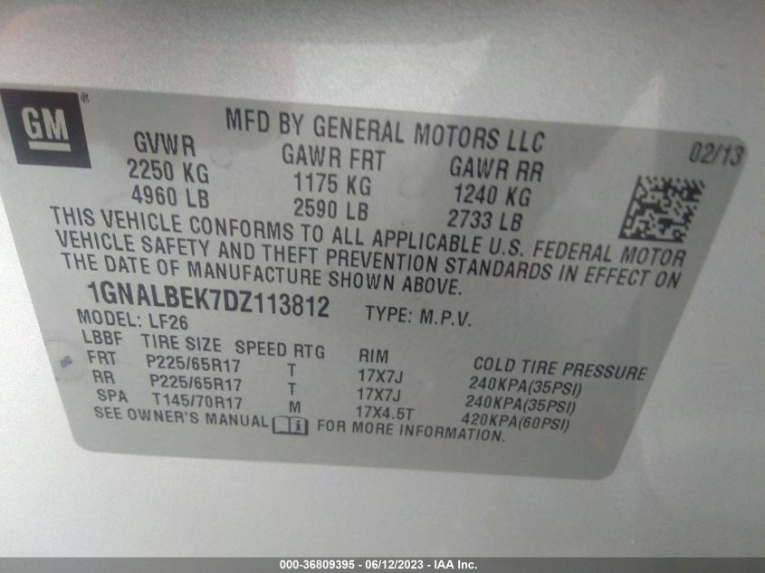 2013 CHEVROLET EQUINOX LS - 1GNALBEK7DZ113812