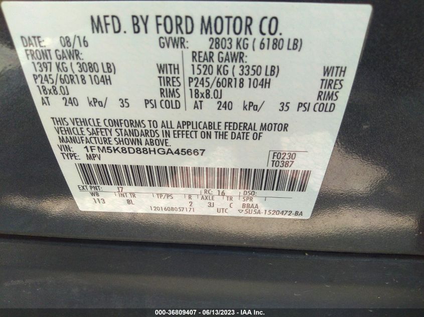 2017 FORD EXPLORER XLT - 1FM5K8D88HGA45667