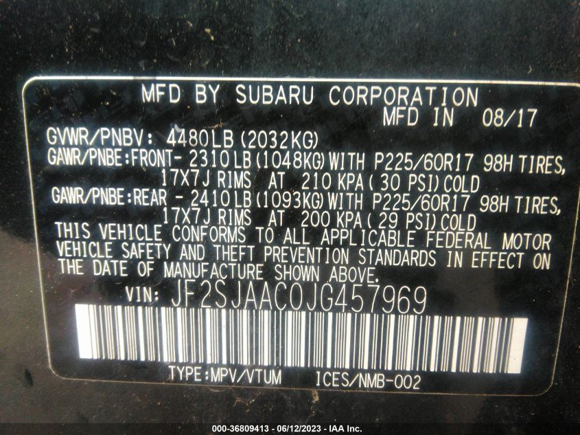 2018 SUBARU FORESTER - JF2SJAAC0JG457969