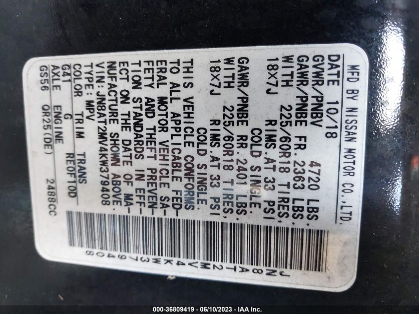 2019 NISSAN ROGUE SV - JN8AT2MV4KW379408