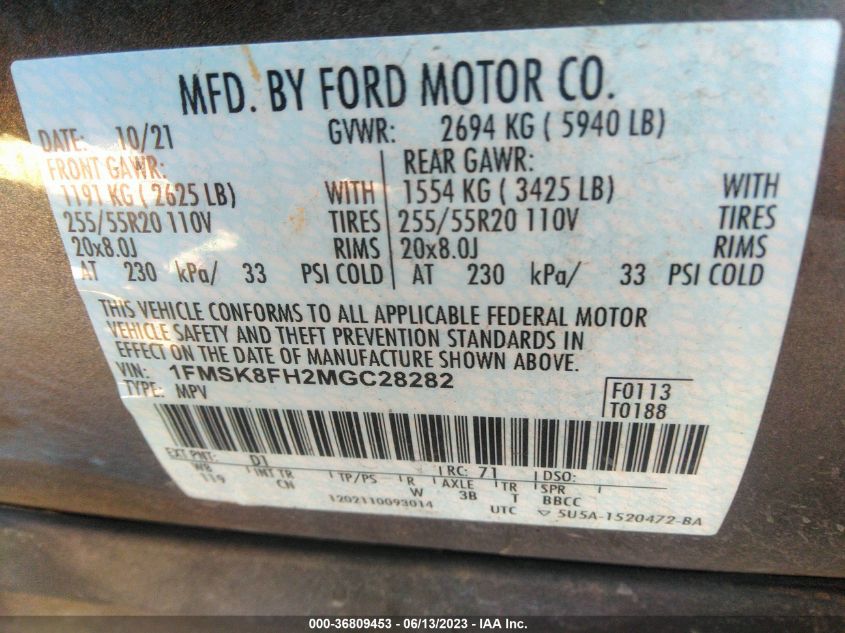 2021 FORD EXPLORER LIMITED - 1FMSK8FH2MGC28282