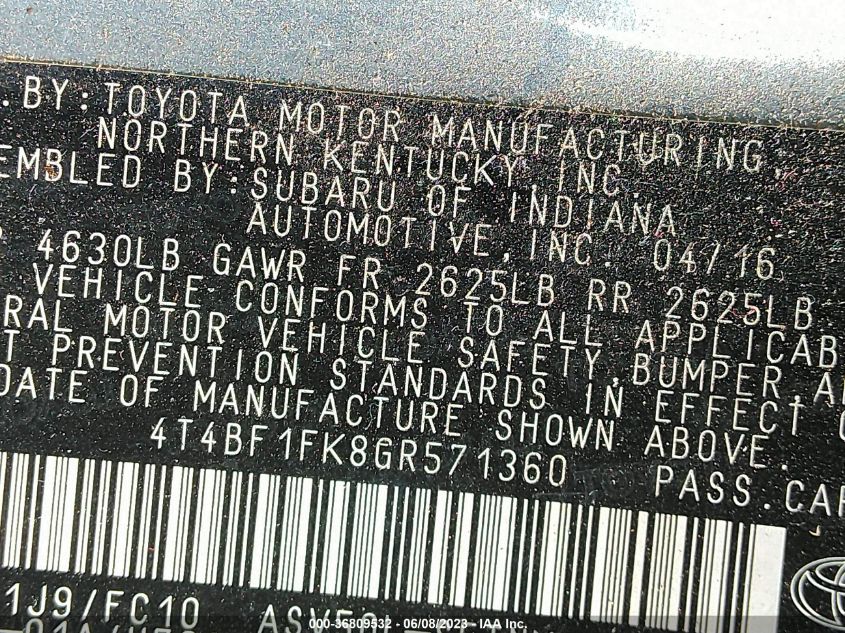 2016 TOYOTA CAMRY XLE/SE/LE/XSE - 4T4BF1FK8GR571360