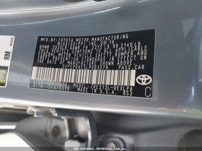 VIN 5YFEPRAE5LP063279 2020 TOYOTA COROLLA LE