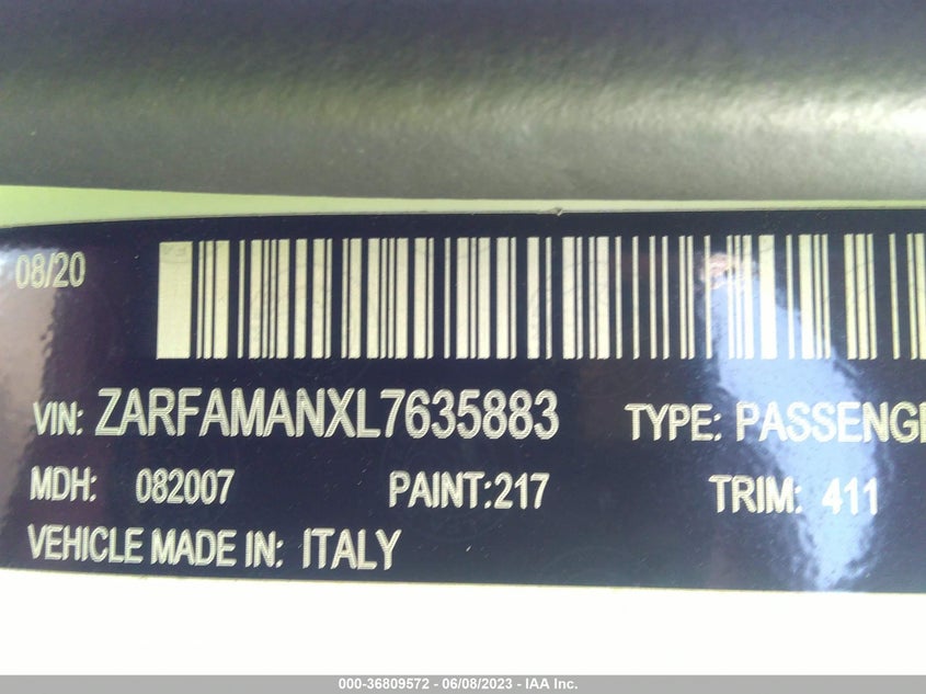 VIN ZARFAMANXL7635883 2020 ALFA ROMEO GIULIA