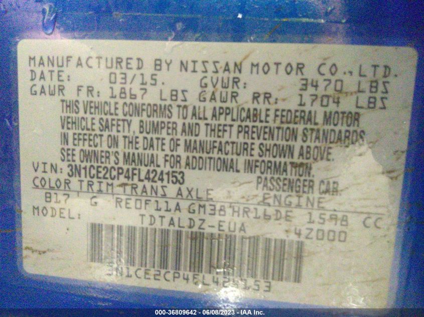 2015 NISSAN VERSA NOTE S/S PLUS/SV/SR/SL - 3N1CE2CP4FL424153