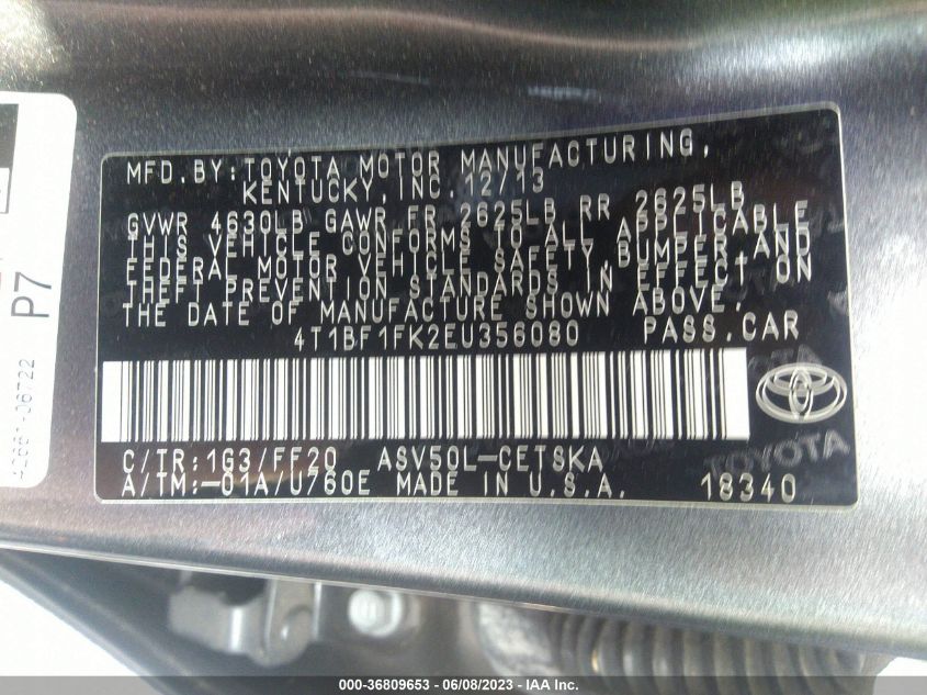 2014 TOYOTA CAMRY L/SE/LE/XLE - 4T1BF1FK2EU356080