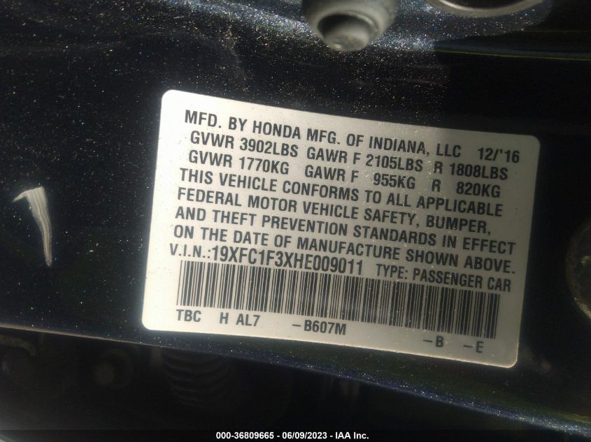 2017 HONDA CIVIC SEDAN EX-T - 19XFC1F3XHE009011