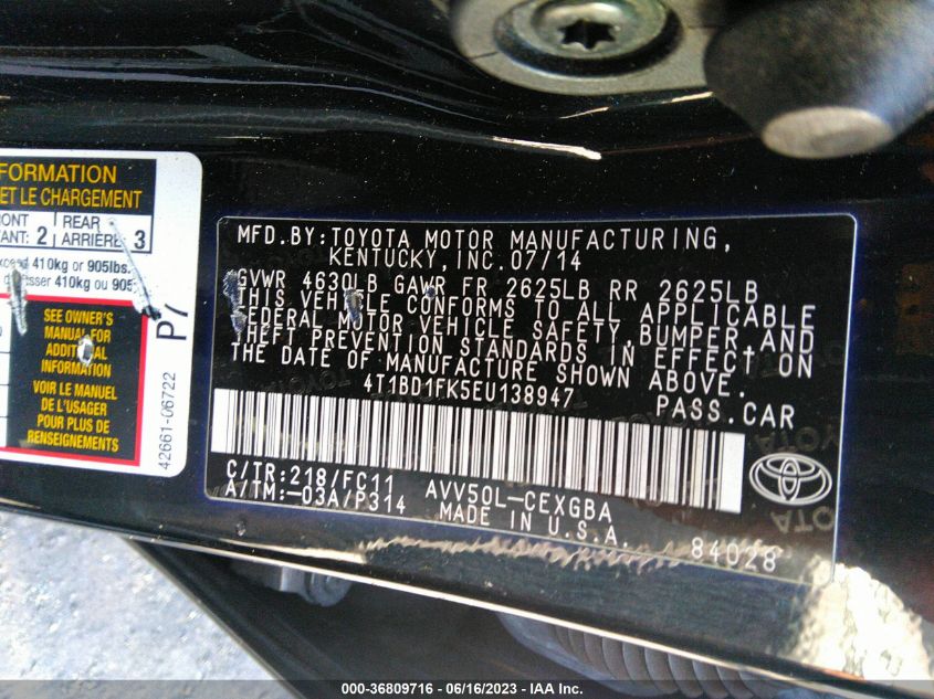 2014 TOYOTA CAMRY HYBRID LE/XLE/SE LIMITED EDITION - 4T1BD1FK5EU138947