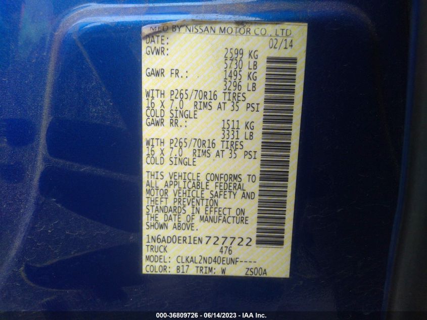 2014 NISSAN FRONTIER SV - 1N6AD0ER1EN727722