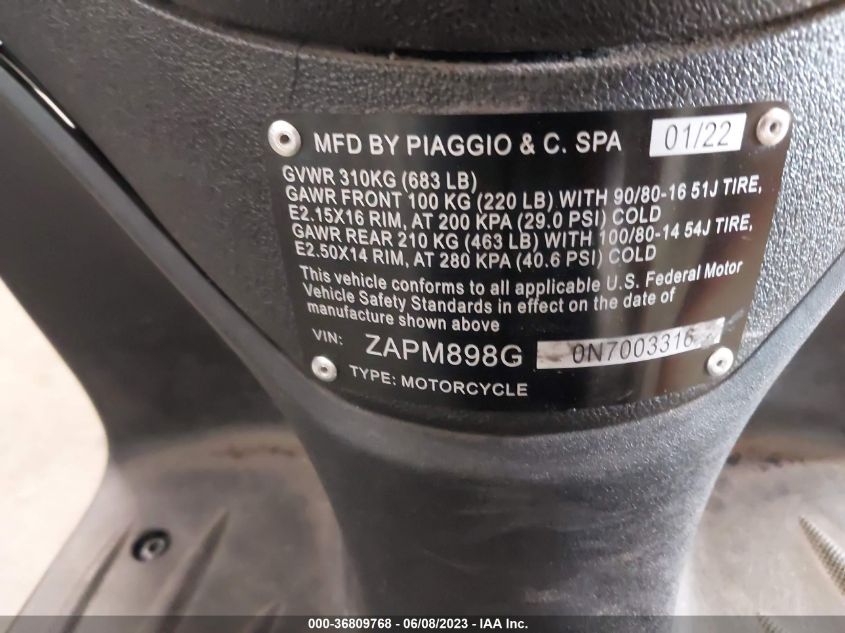 2022 PIAGGIO LIBERTY 150/150 S/150 BACI PERUGI ZAPM898G0N7003316