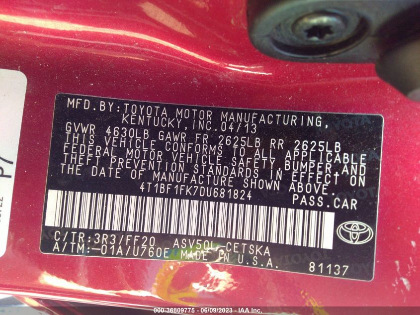 2013 TOYOTA CAMRY L/LE/SE/XLE - 4T1BF1FK7DU681824