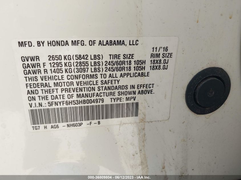 2017 HONDA PILOT EX-L - 5FNYF6H53HB004979