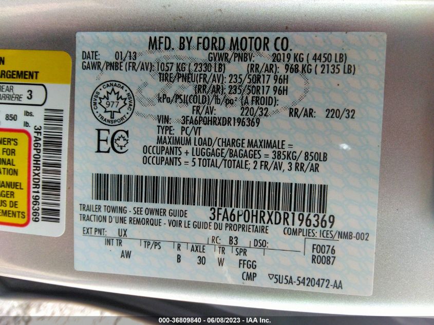 2013 FORD FUSION SE - 3FA6P0HRXDR196369