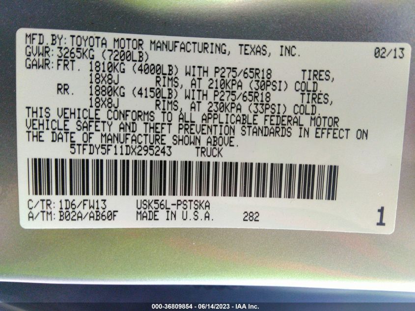 2013 TOYOTA TUNDRA 4WD TRUCK - 5TFDY5F11DX295243
