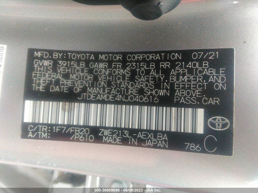 2022 TOYOTA COROLLA HYBRID LE - JTDEAMDE4NJ040616