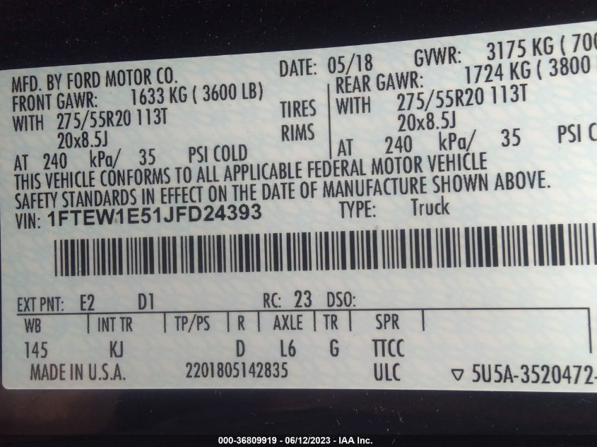 2018 FORD F-150 XL/XLT/LARIAT - 1FTEW1E51JFD24393