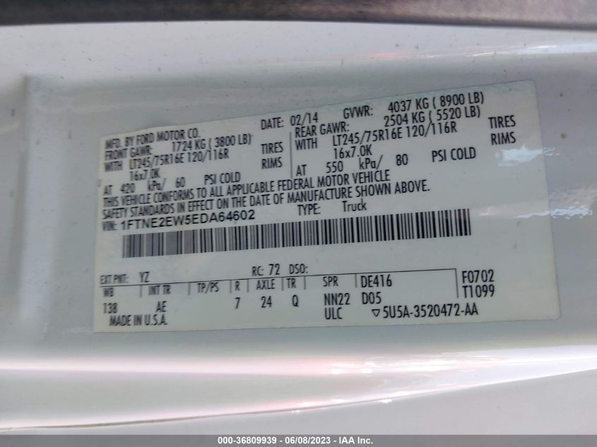 2014 FORD ECONOLINE CARGO VAN COMMERCIAL/RECREATIONAL 1FTNE2EW5EDA64602
