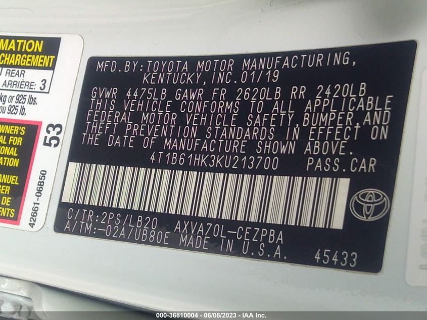 2019 TOYOTA CAMRY XSE - 4T1B61HK3KU213700
