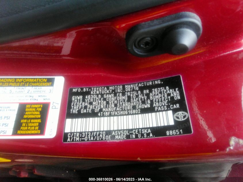 2017 TOYOTA CAMRY XLE/SE/LE/XSE - 4T1BF1FK5HU616802