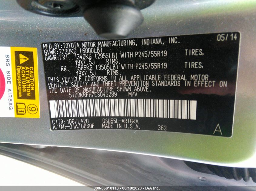 2014 TOYOTA HIGHLANDER LIMITED - 5TDDKRFH7ES045289