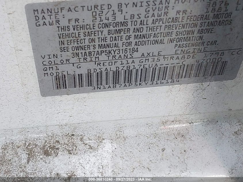2019 NISSAN SENTRA SV - 3N1AB7AP5KY316184
