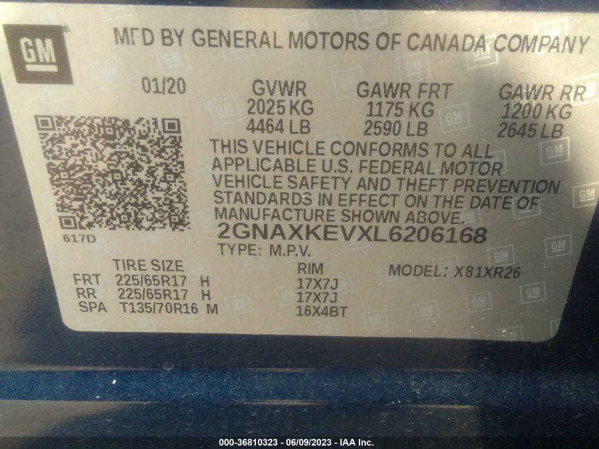 2020 CHEVROLET EQUINOX LT - 2GNAXKEVXL6206168