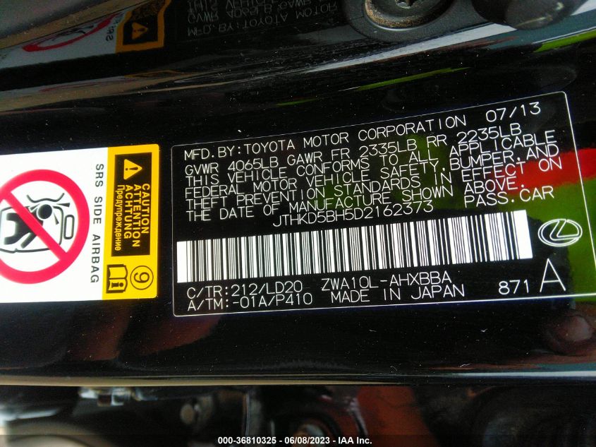 2013 LEXUS CT 200H HYBRID - JTHKD5BH5D2162373