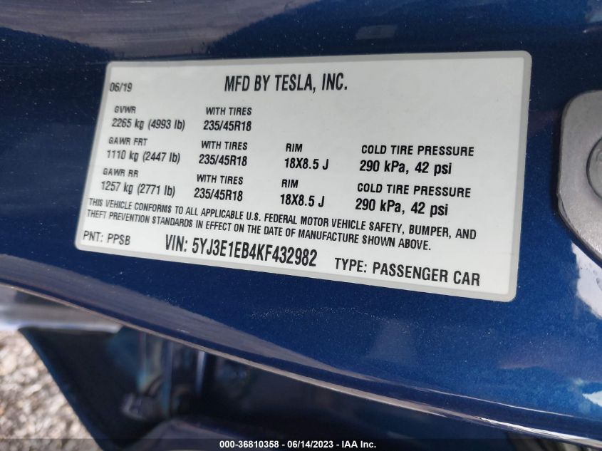 2019 TESLA MODEL 3 - 5YJ3E1EB4KF432982