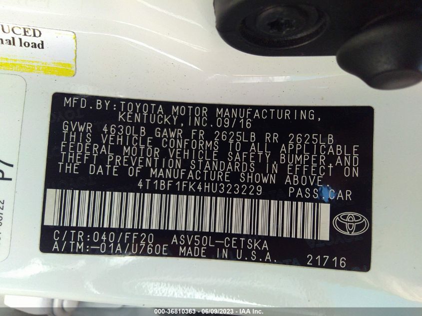 2017 TOYOTA CAMRY XLE/SE/LE/XSE - 4T1BF1FK4HU323229