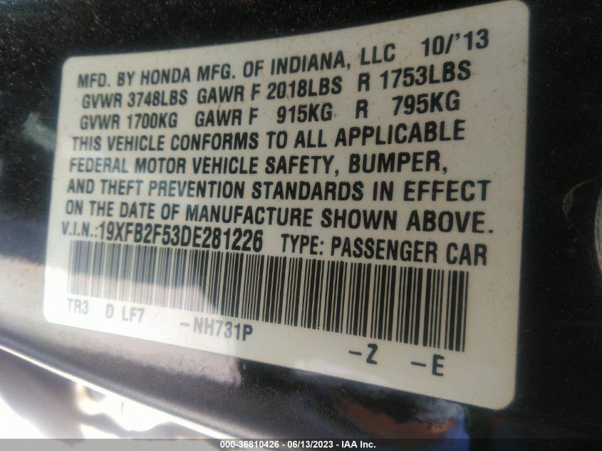 2013 HONDA CIVIC SDN LX - 19XFB2F53DE281226