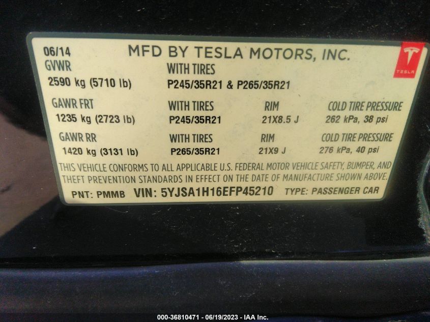 2014 TESLA MODEL S P85 - 5YJSA1H16EFP45210
