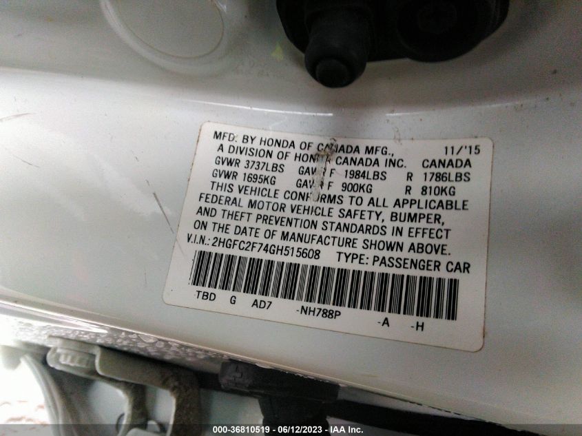 2016 HONDA CIVIC SEDAN EX - 2HGFC2F74GH515608