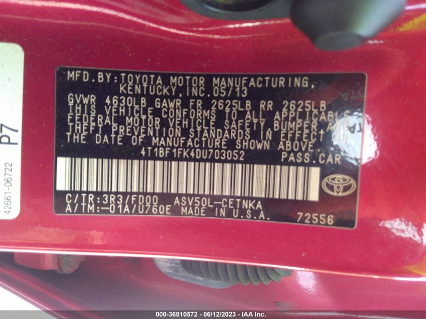 2013 TOYOTA CAMRY L/LE/SE/XLE - 4T1BF1FK4DU703052