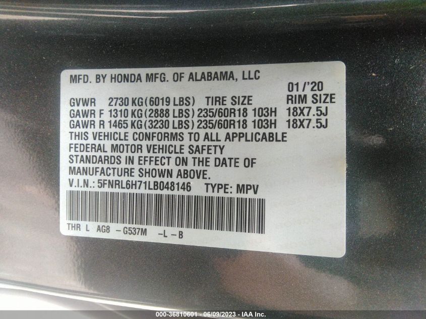 2020 HONDA ODYSSEY EX-L - 5FNRL6H71LB048146