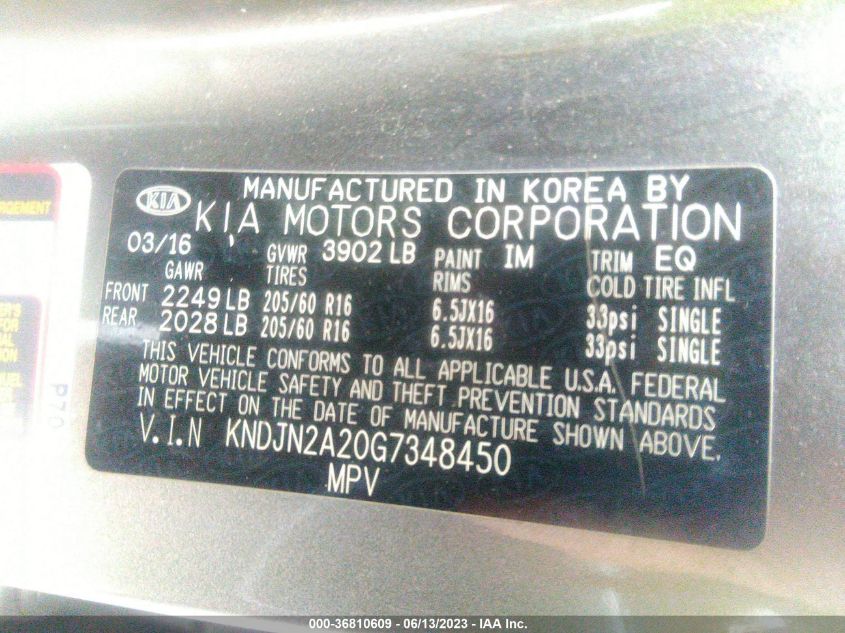 2016 KIA SOUL BASE - KNDJN2A20G7348450