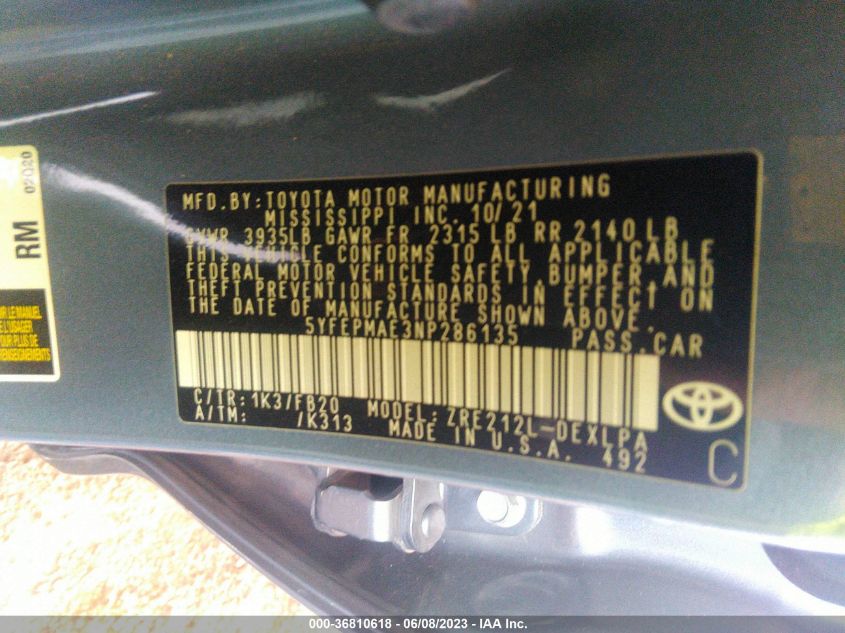2022 TOYOTA COROLLA LE - 5YFEPMAE3NP286135