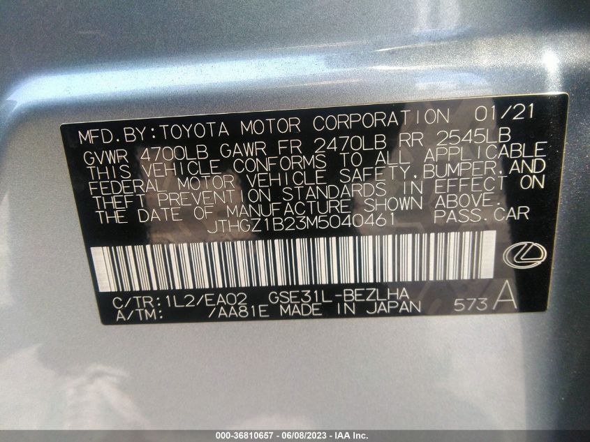 2021 LEXUS IS IS 350 F SPORT - JTHGZ1B23M5040461