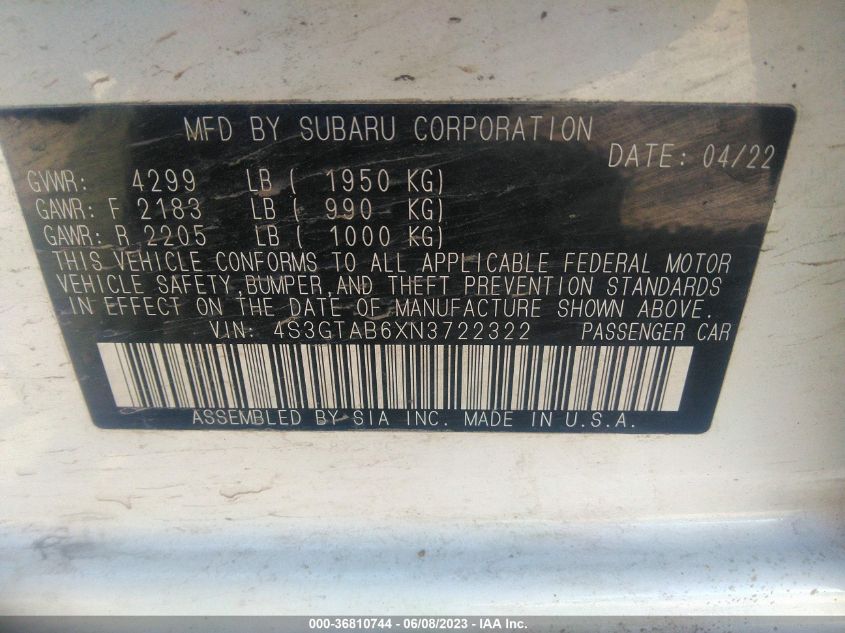 2022 SUBARU IMPREZA - 4S3GTAB6XN3722322