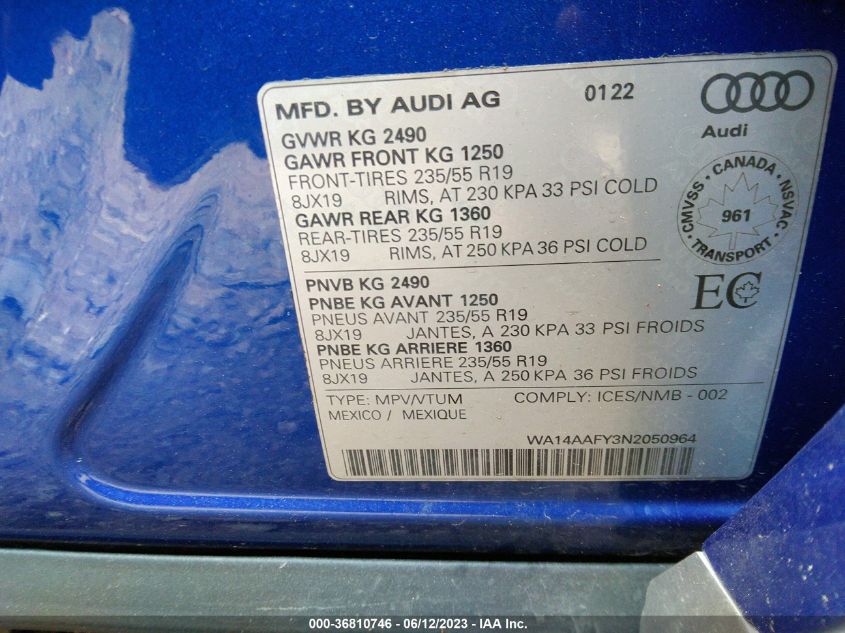 2022 AUDI Q5 SPORTBACK S LINE PREMIUM - WA14AAFY3N2050964