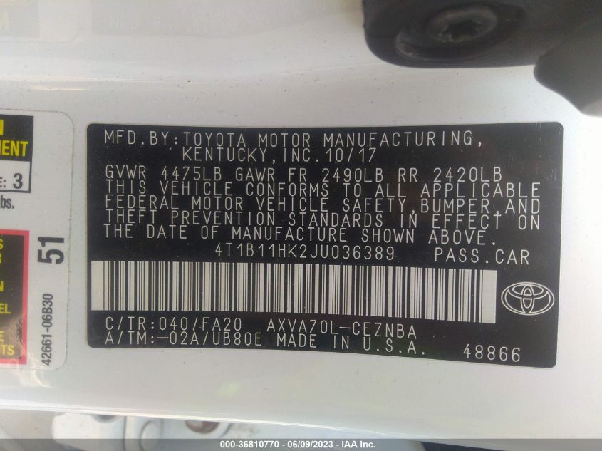 2018 TOYOTA CAMRY L/LE/XLE/SE/XSE - 4T1B11HK2JU036389