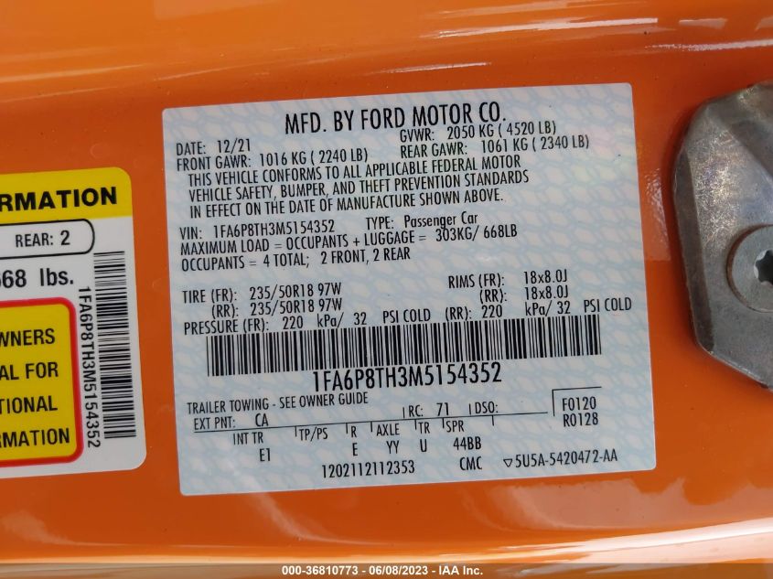 2021 FORD MUSTANG ECOBOOST - 1FA6P8TH3M5154352