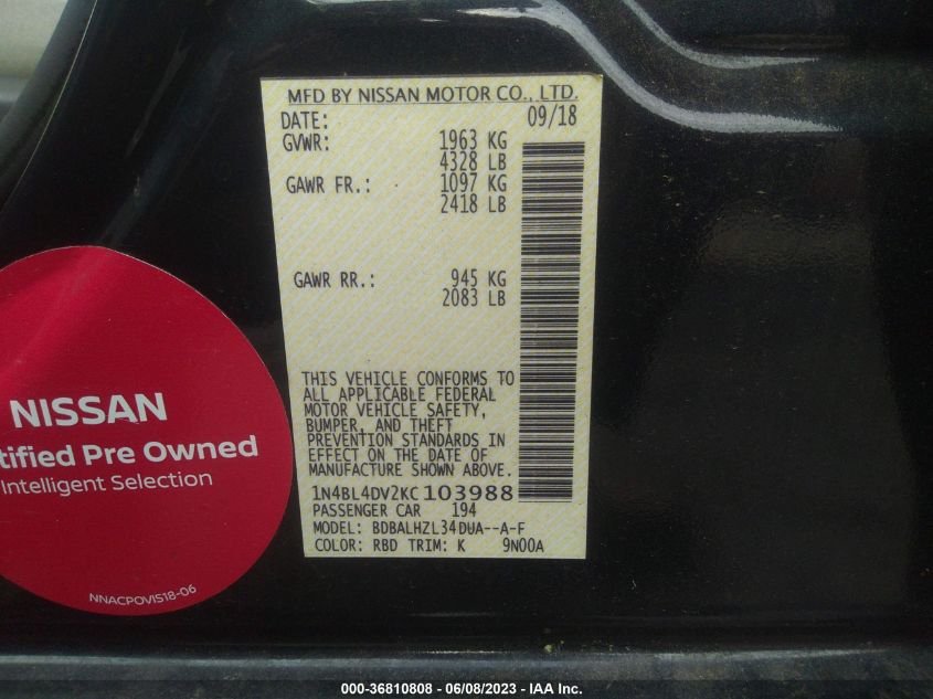 2019 NISSAN ALTIMA SV - 1N4BL4DV2KC103988
