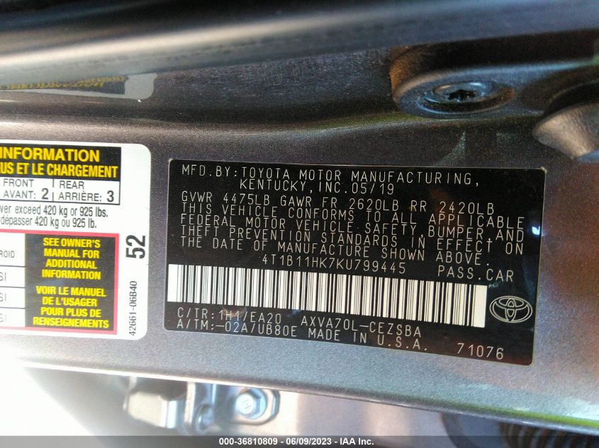 2019 TOYOTA CAMRY L/LE/XLE/SE/XSE - 4T1B11HK7KU799445