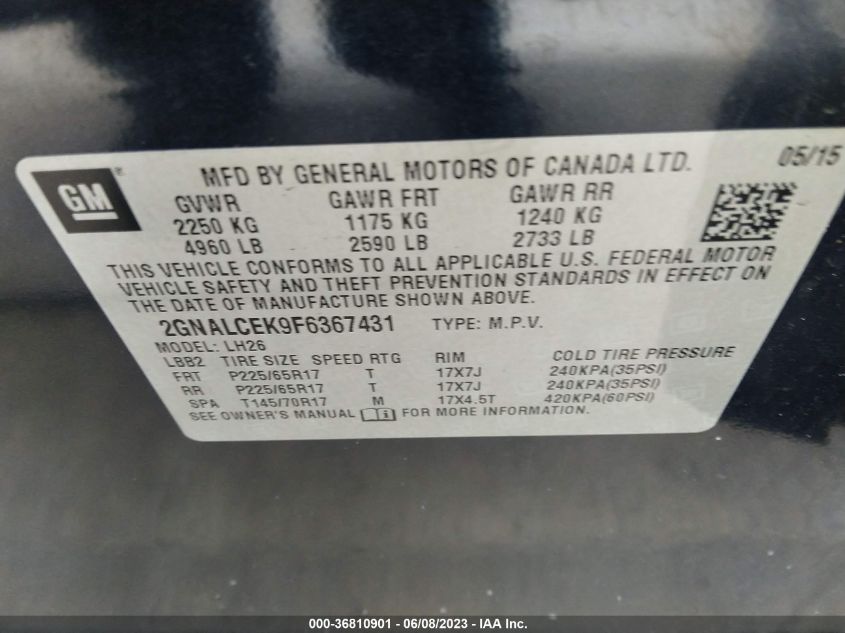 2015 CHEVROLET EQUINOX LT - 2GNALCEK9F6367431
