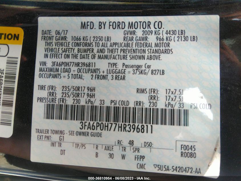 2017 FORD FUSION SE - 3FA6P0H77HR396811