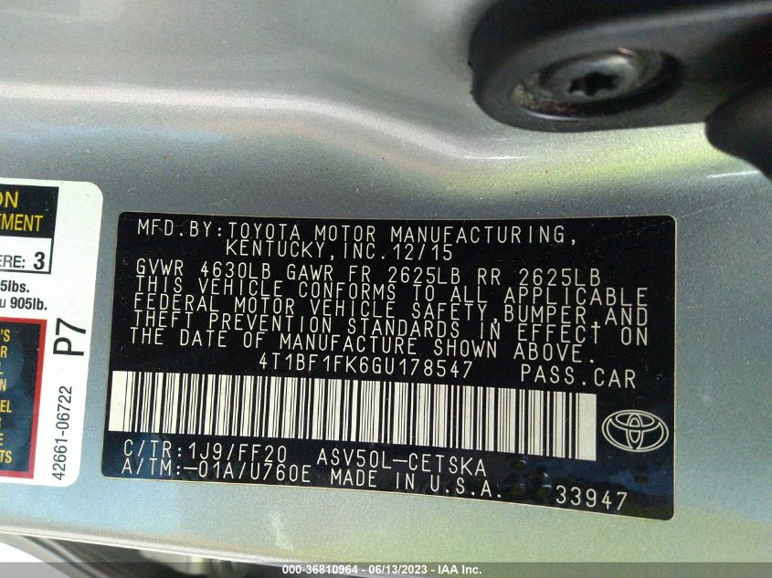 2016 TOYOTA CAMRY XLE/SE/LE/XSE - 4T1BF1FK6GU178547