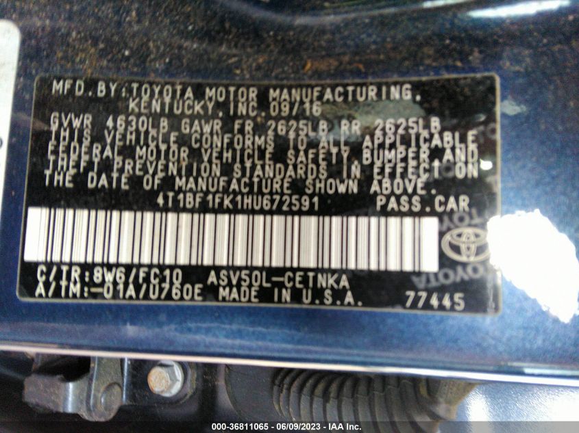 2017 TOYOTA CAMRY XLE/SE/LE/XSE - 4T1BF1FK1HU672591