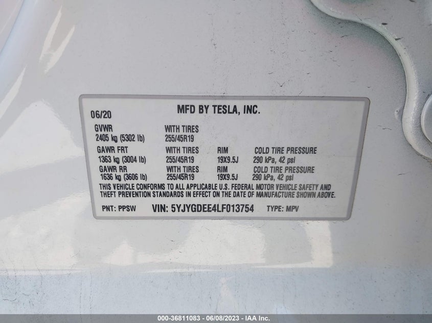 VIN 5YJYGDEE4LF013754 2020 TESLA MODEL Y LONG RANGE
