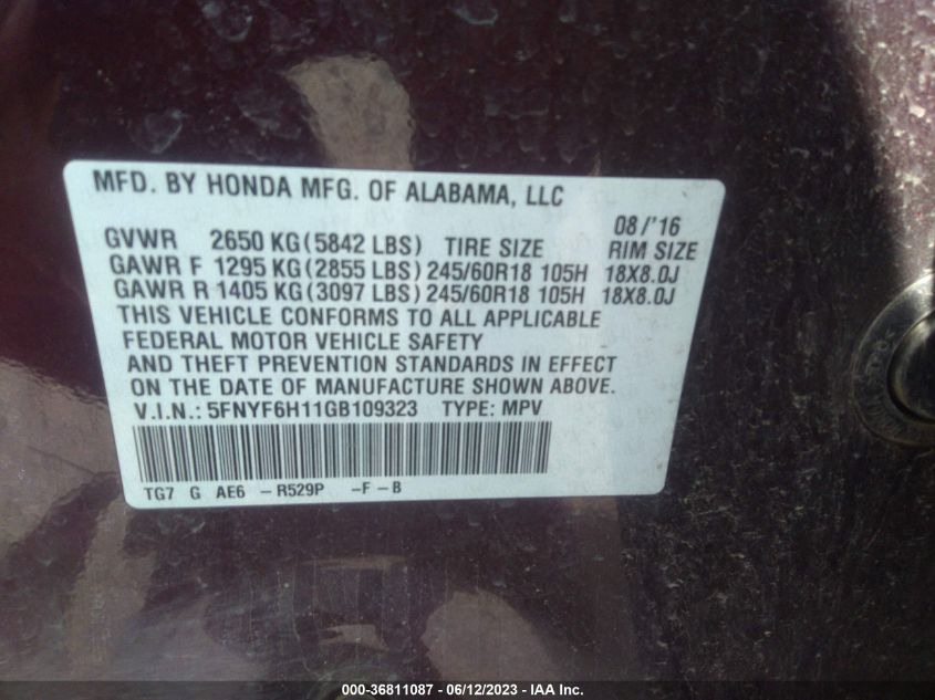 2016 HONDA PILOT LX - 5FNYF6H11GB109323