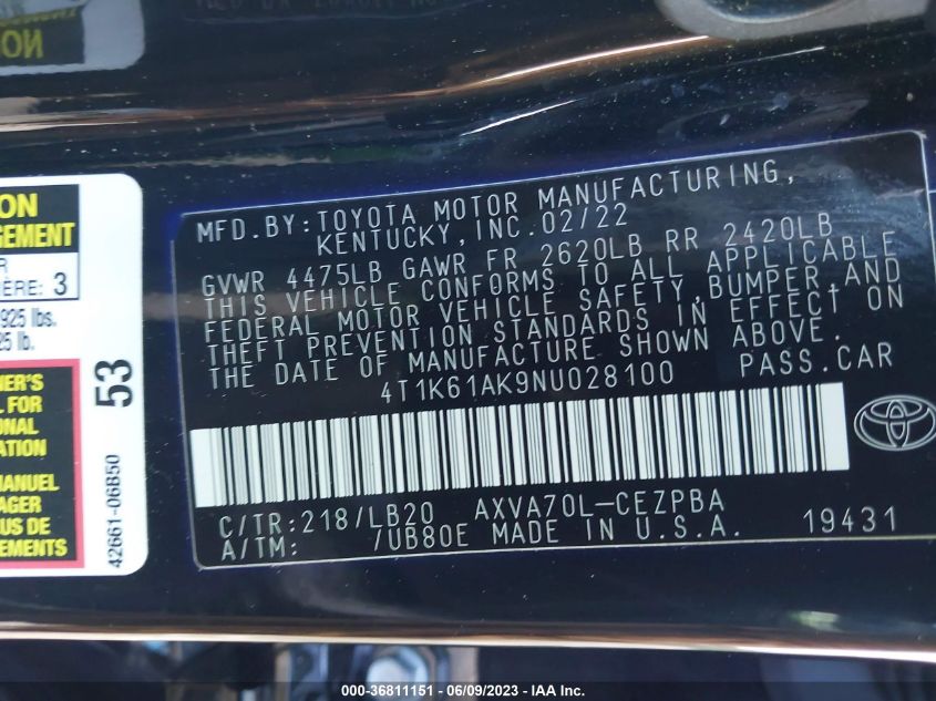 2022 TOYOTA CAMRY XSE - 4T1K61AK9NU028100